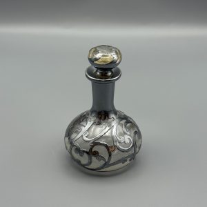 Glass Perfume Bottle Art Nouveau Sterling Silver Overlay of Floral Design 1927